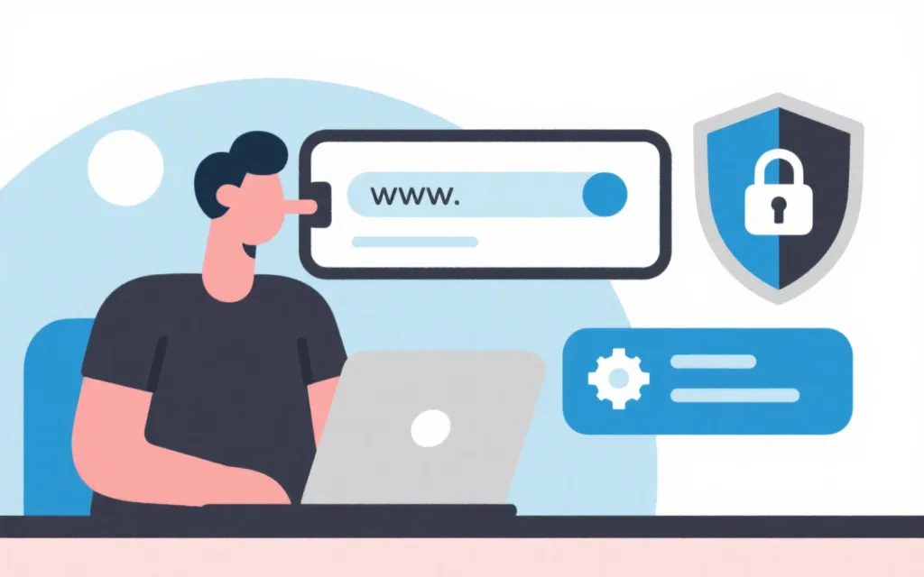 电脑前的人正在检查网址与账号安全设置的抽象插画