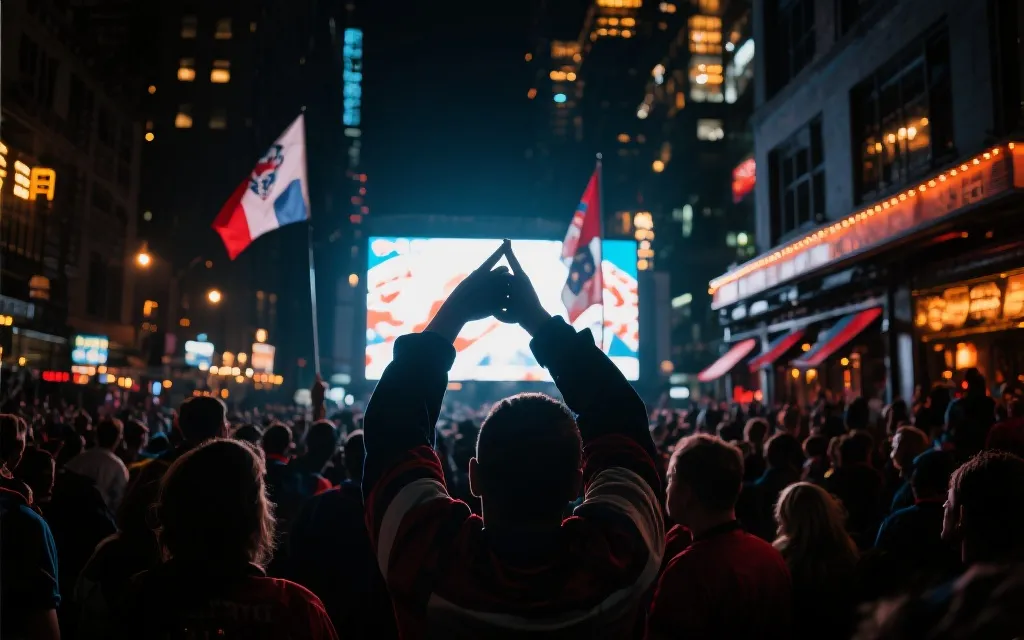 球迷在体育酒吧或观赛广场共同观看比赛