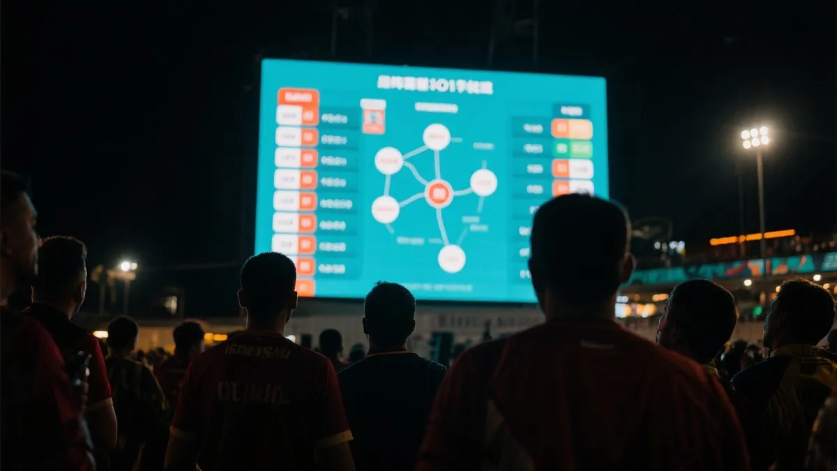 球迷在大屏前查看世界杯积分榜与淘汰赛对阵图